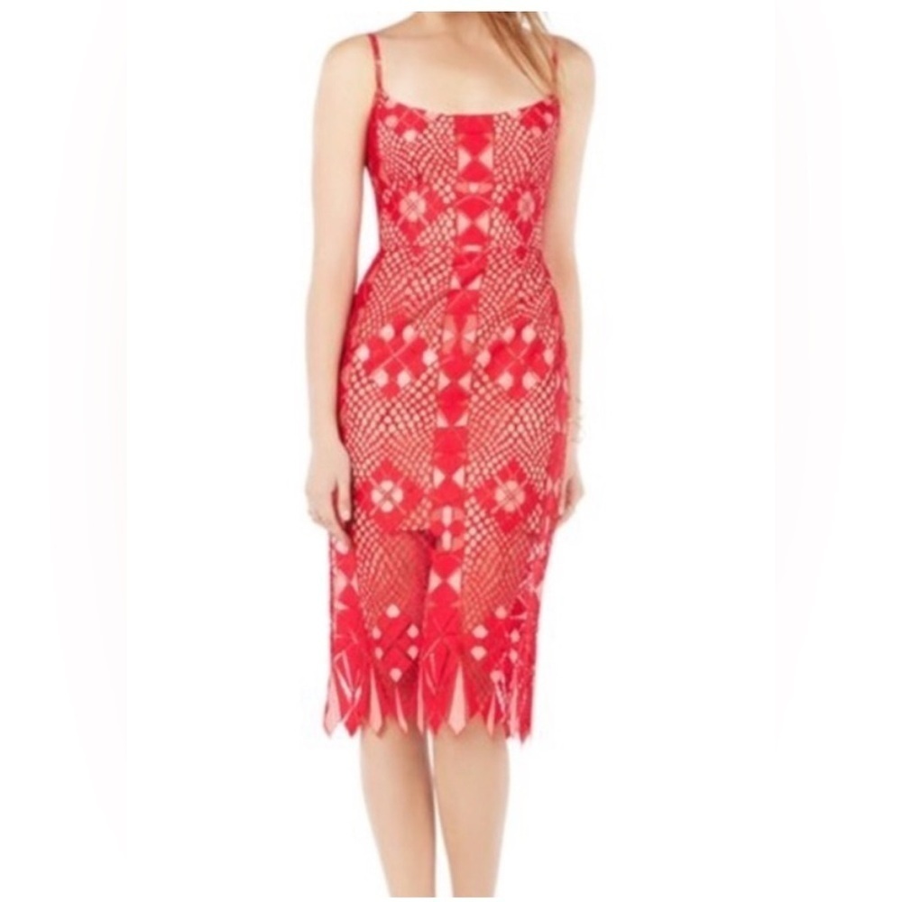 BCBG Max Azria Alese Red Lace Geometric MIDI Dress Size 4 EUC